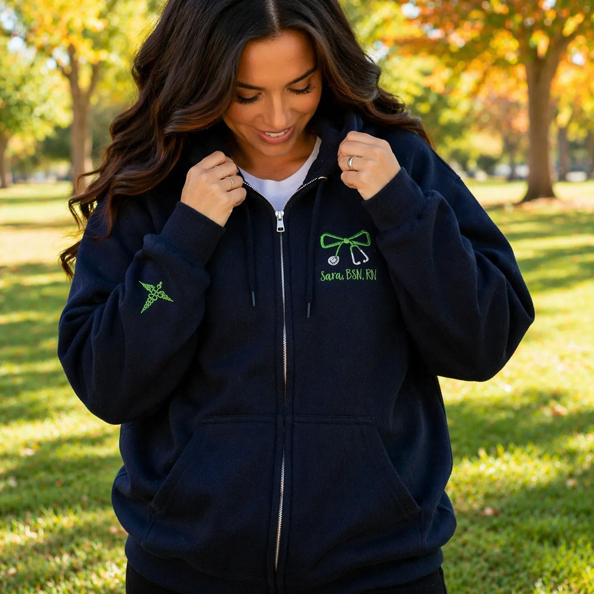 Personalized RN CNA BSN Gift - Custom Name & Title Quarter Zip - Nurse Week Embroidered Bow Pullover