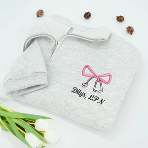 Personalized RN CNA BSN Gift - Custom Name & Title Quarter Zip - Nurse Week Embroidered Bow Pullover