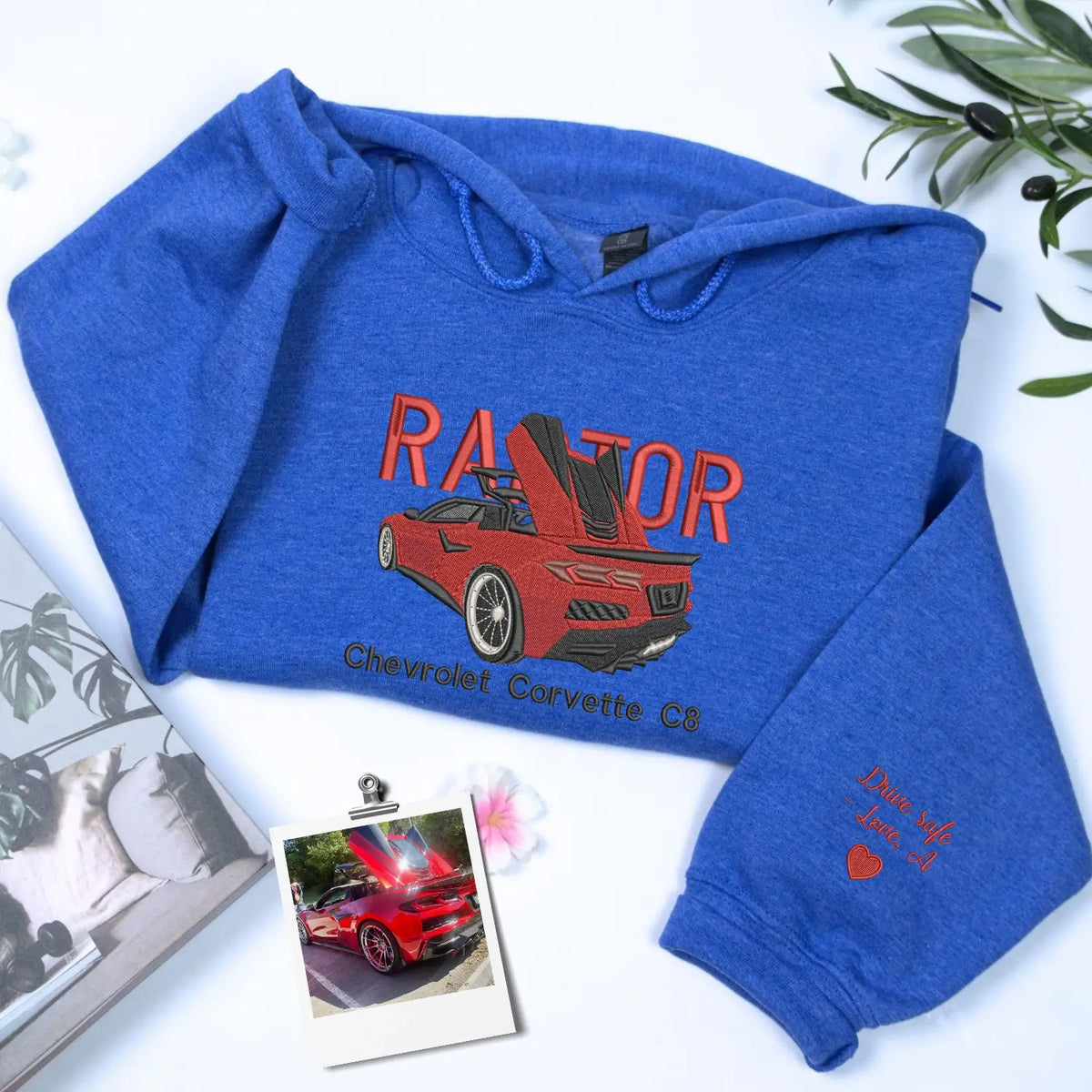 Custom embroidered car hoodie with personalized car name, minimalist design, perfect Valentine’s Day gift for car lovers