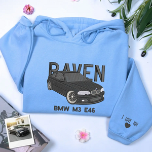 Custom embroidered car hoodie with personalized car name, minimalist design, perfect Valentine’s Day gift for car lovers