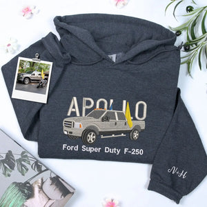 Custom embroidered car hoodie with personalized car name, minimalist design, perfect Valentine’s Day gift for car lovers