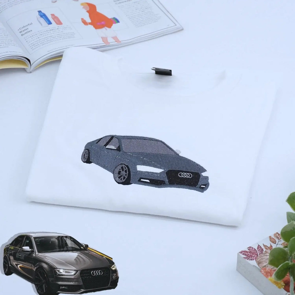 Custom embroidered car T-shirt featuring personalized vehicle design for car lovers