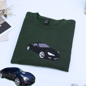 Custom embroidered car T-shirt featuring personalized vehicle design for car lovers