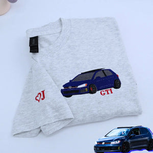 Custom embroidered car T-shirt featuring personalized vehicle design for car lovers