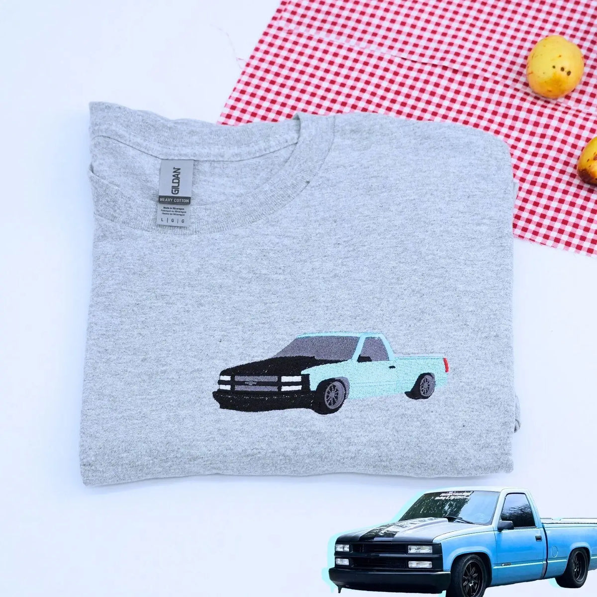 Custom embroidered car T-shirt featuring personalized vehicle design for car lovers