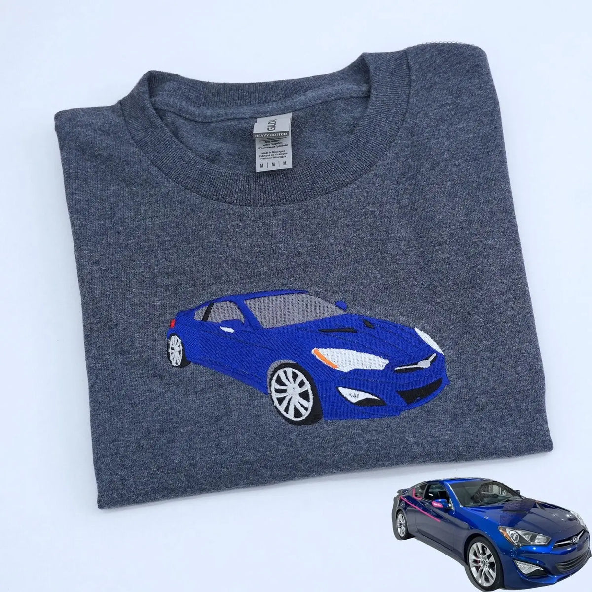 Custom embroidered car T-shirt featuring personalized vehicle design for car lovers