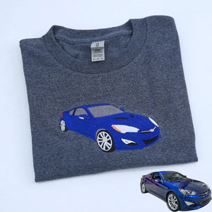 Custom embroidered car T-shirt featuring personalized vehicle design for car lovers