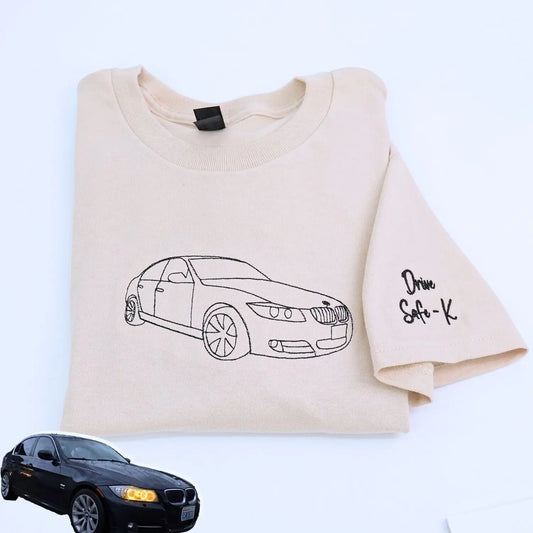 Custom embroidered car T-shirt featuring personalized vehicle design for car lovers