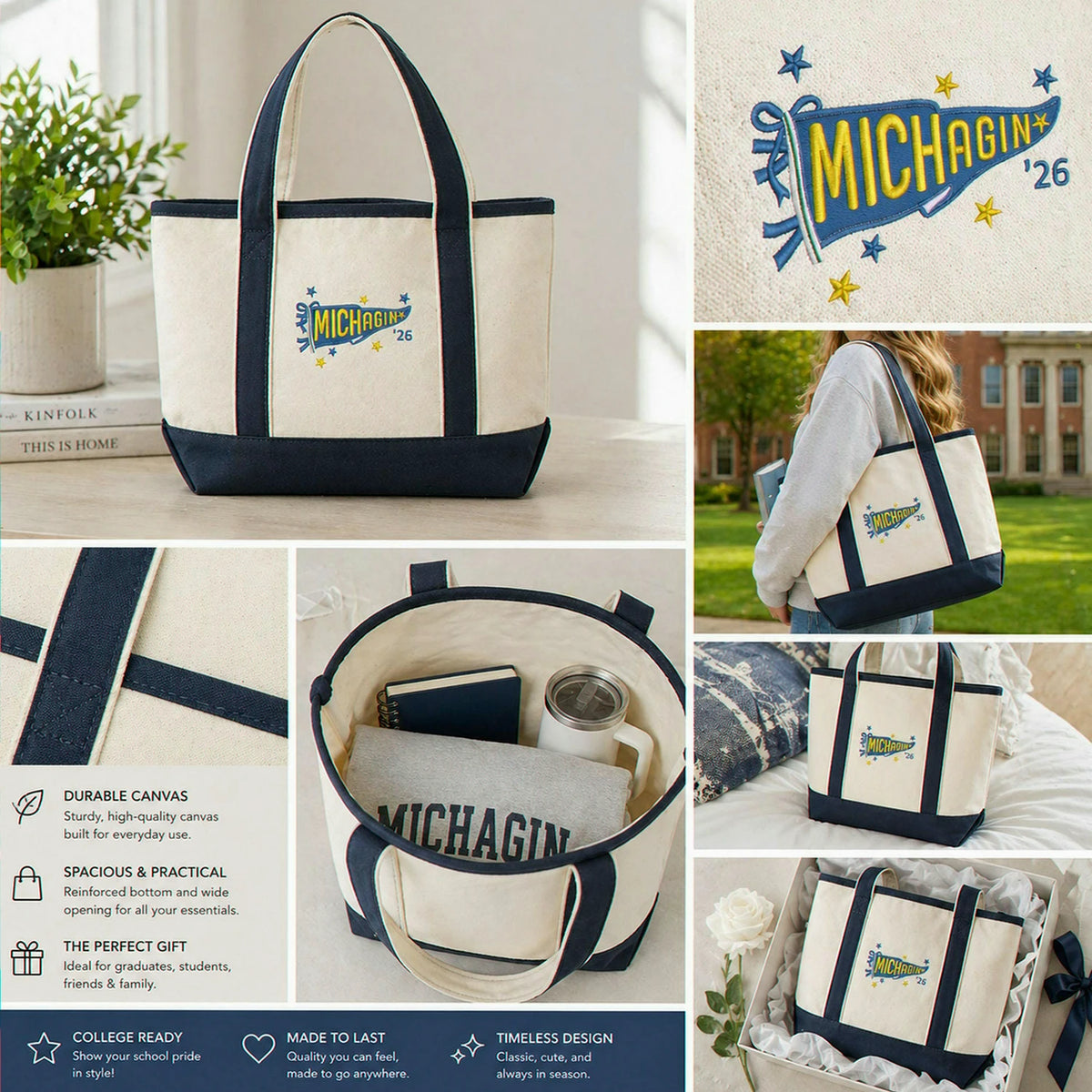 Personalized College Pennant Flag Team Est Embroidered Tote Bag - Graduation Gift