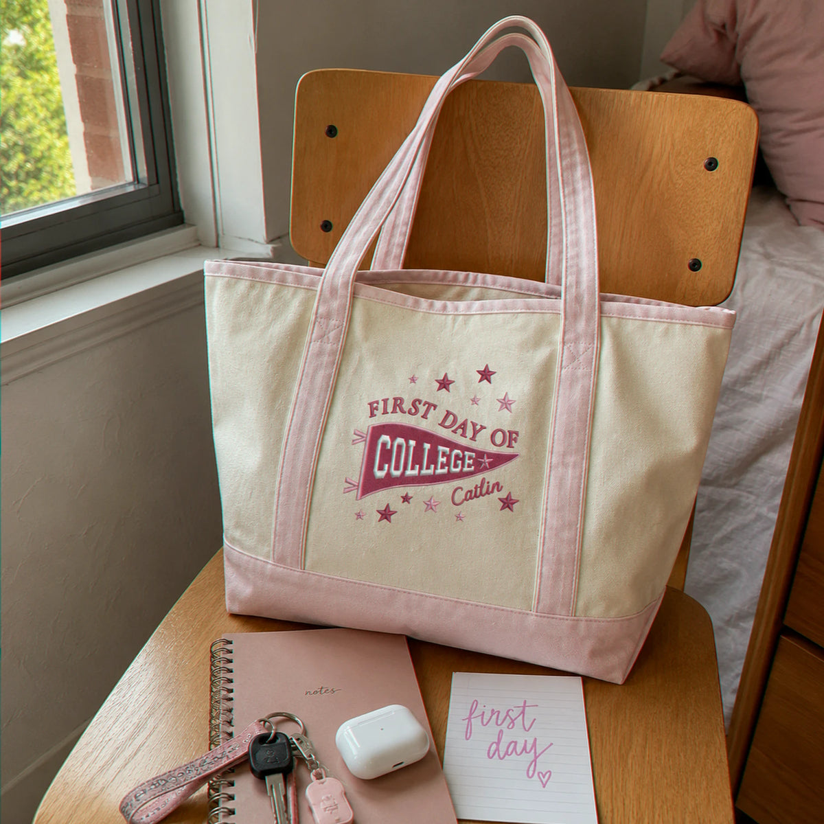 Personalized New Students College Pennant Embroidered Tote Bag with Name