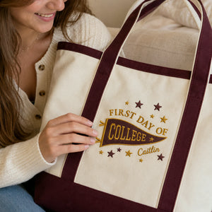 Personalized New Students College Pennant Embroidered Tote Bag with Name