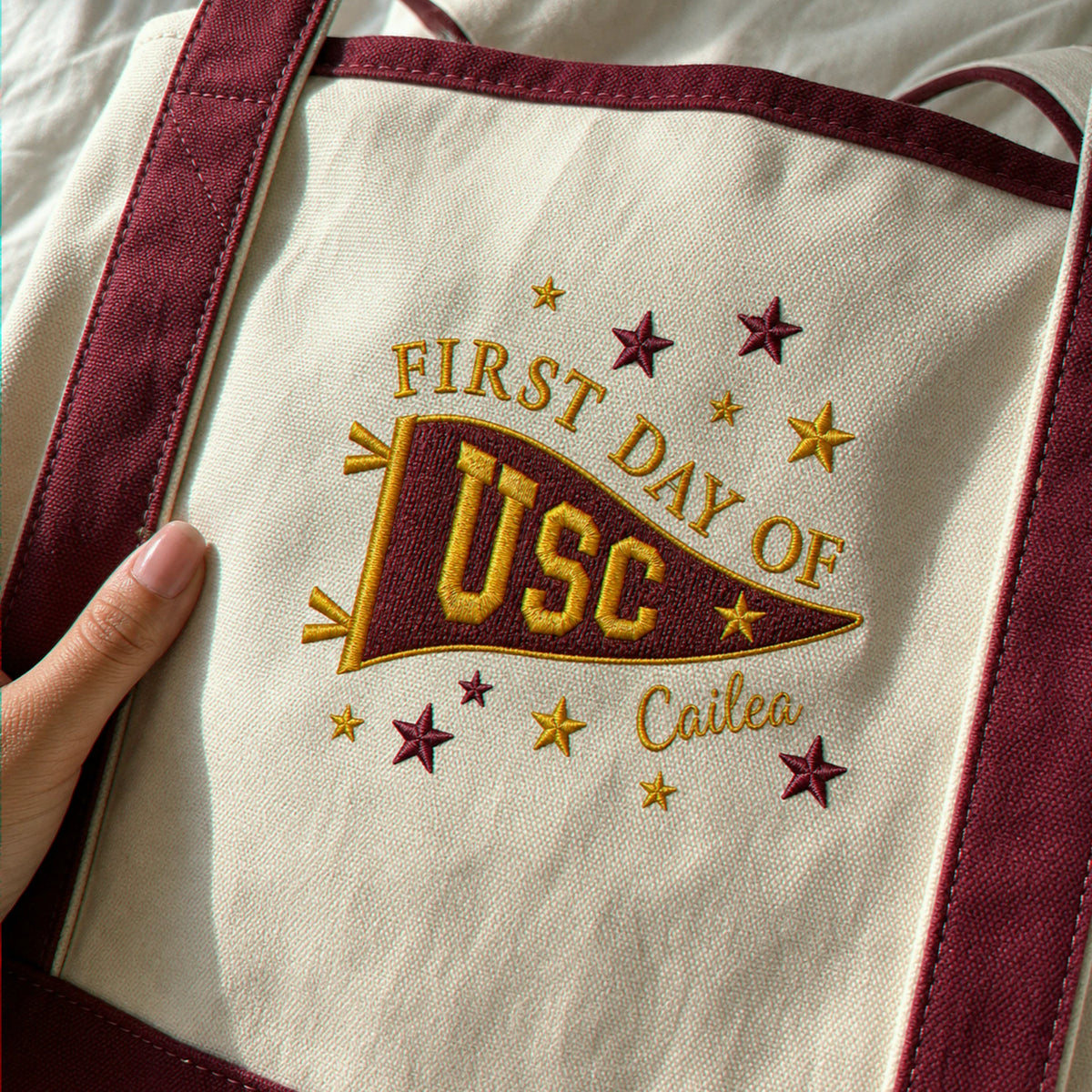 Personalized New Students College Pennant Embroidered Tote Bag with Name