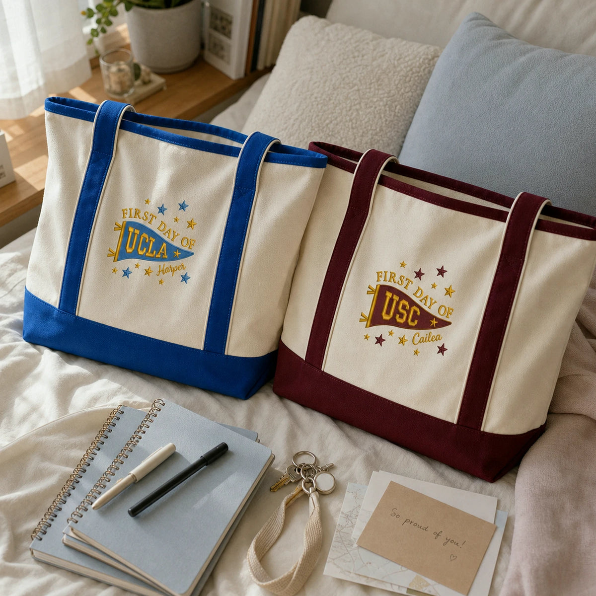 Personalized New Students College Pennant Embroidered Tote Bag with Name