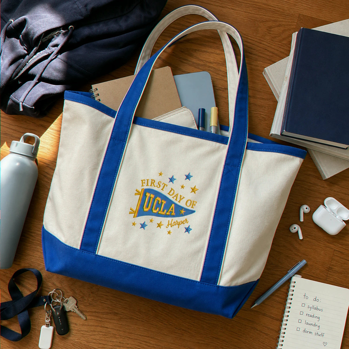 Personalized New Students College Pennant Embroidered Tote Bag with Name