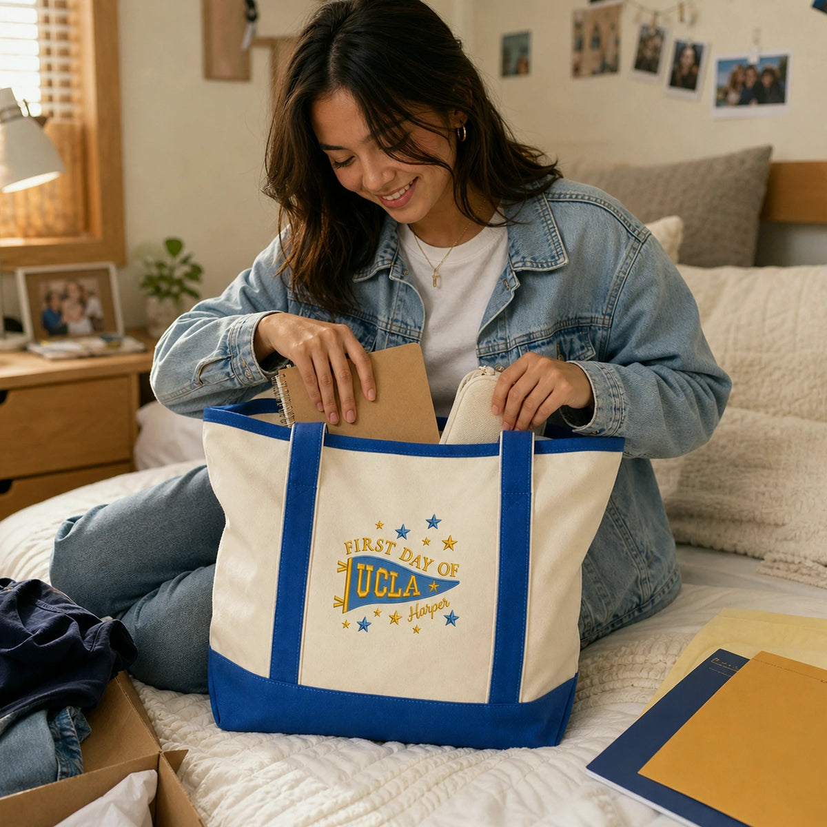 Personalized New Students College Pennant Embroidered Tote Bag with Name