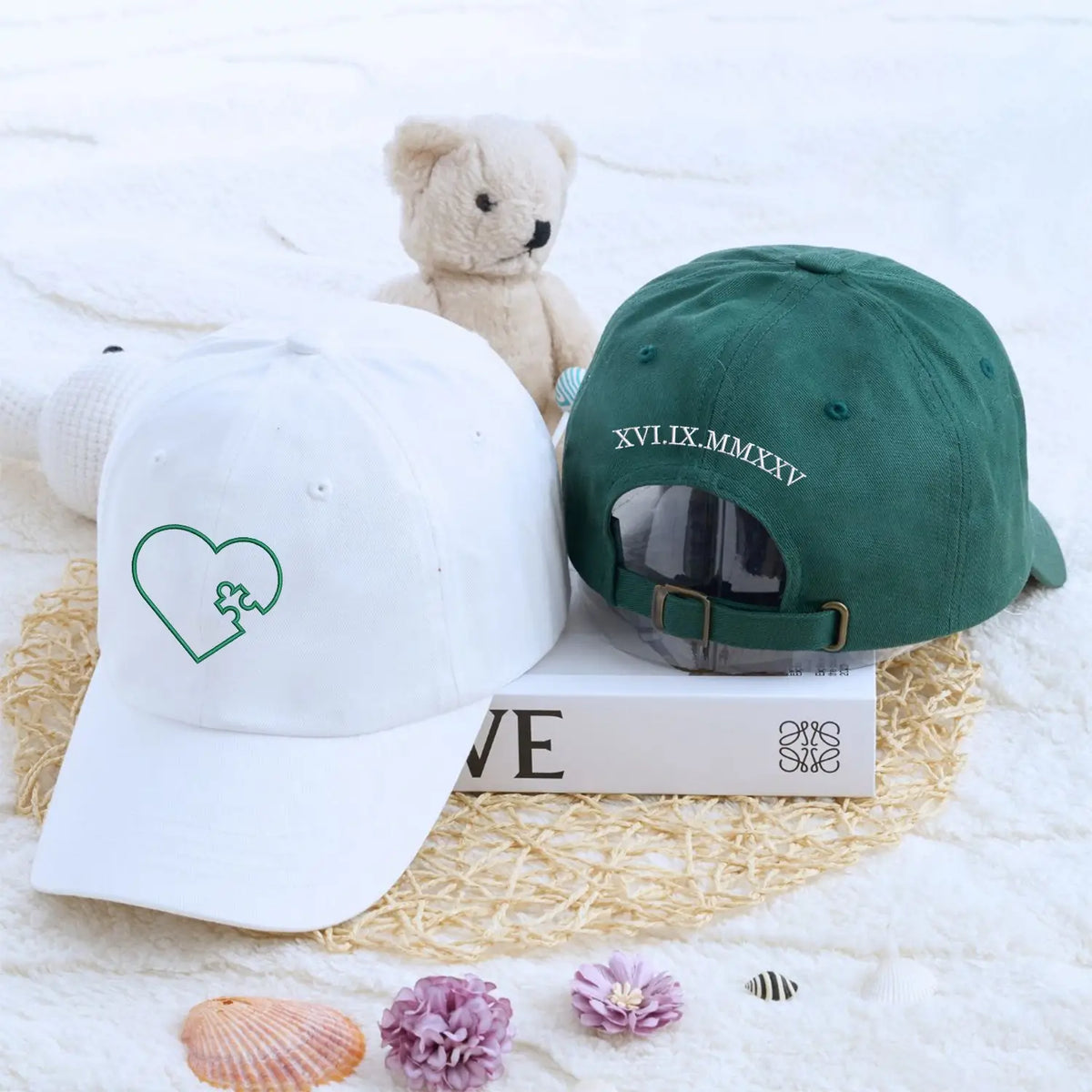 Custom embroidered heart puzzle matching hats for couples