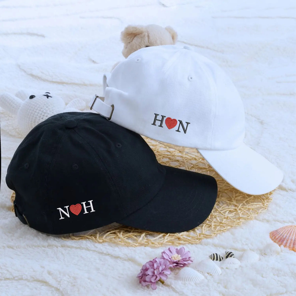 Custom embroidered heart puzzle matching hats for couples