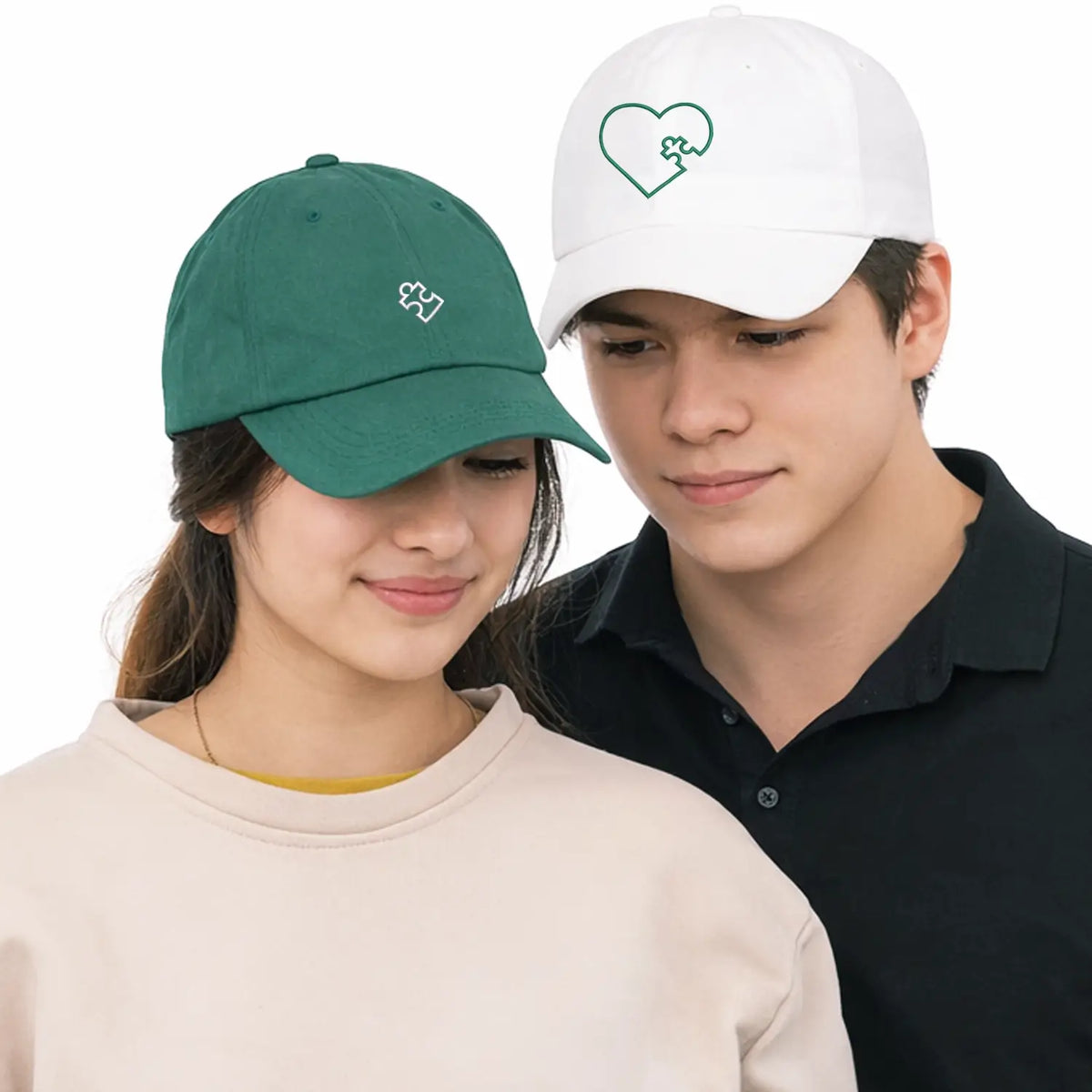 Custom embroidered heart puzzle matching hats for couples