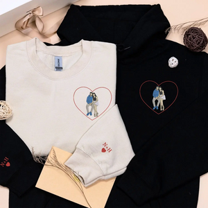 Custom embroidered couple portrait hoodie from photo, personalized romantic gift for him or her