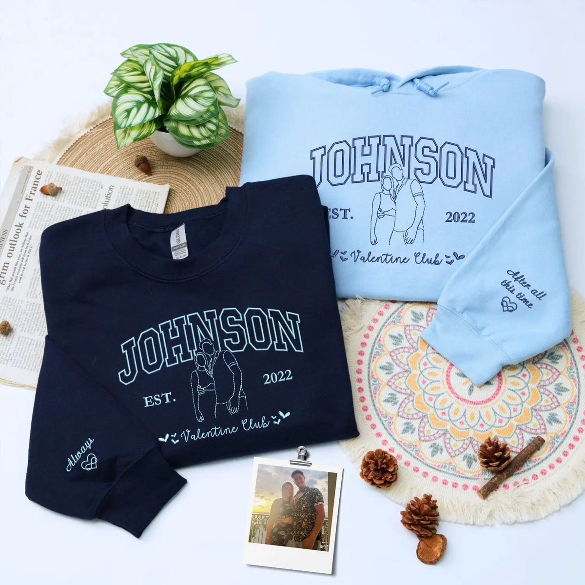 Custom embroidered portrait sweatshirt with couple photo and last name