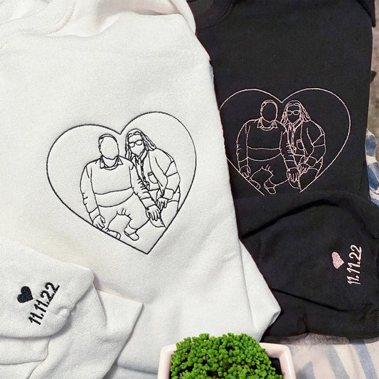 Custom embroidered couple portrait hoodie from photo, personalized romantic gift for him or her