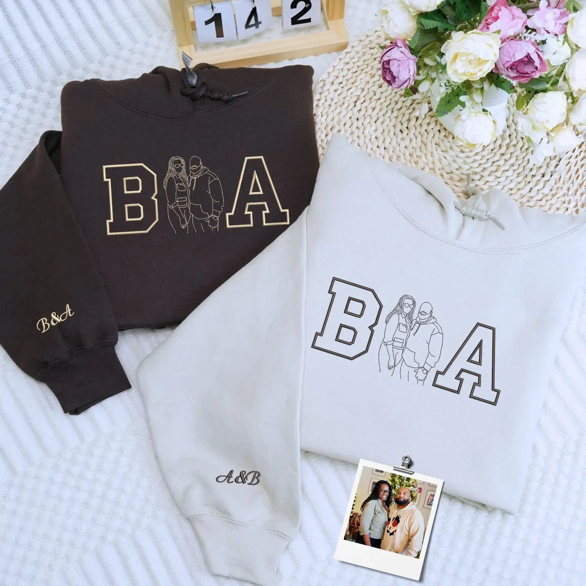Custom embroidered couple portrait sweatshirt with personalized initials, romantic anniversary gift for couples