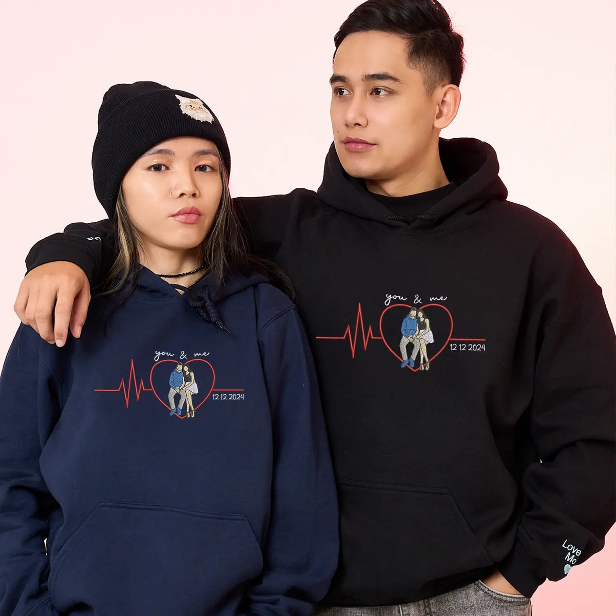 Custom embroidered couple sweatshirt with portrait from photo, personalized Valentine’s Day hoodie for boyfriend or girlfriend