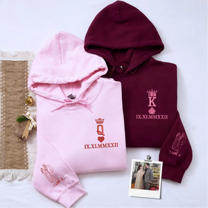 Custom embroidered King and Queen hoodies for couples with personalized portrait engagement gift
