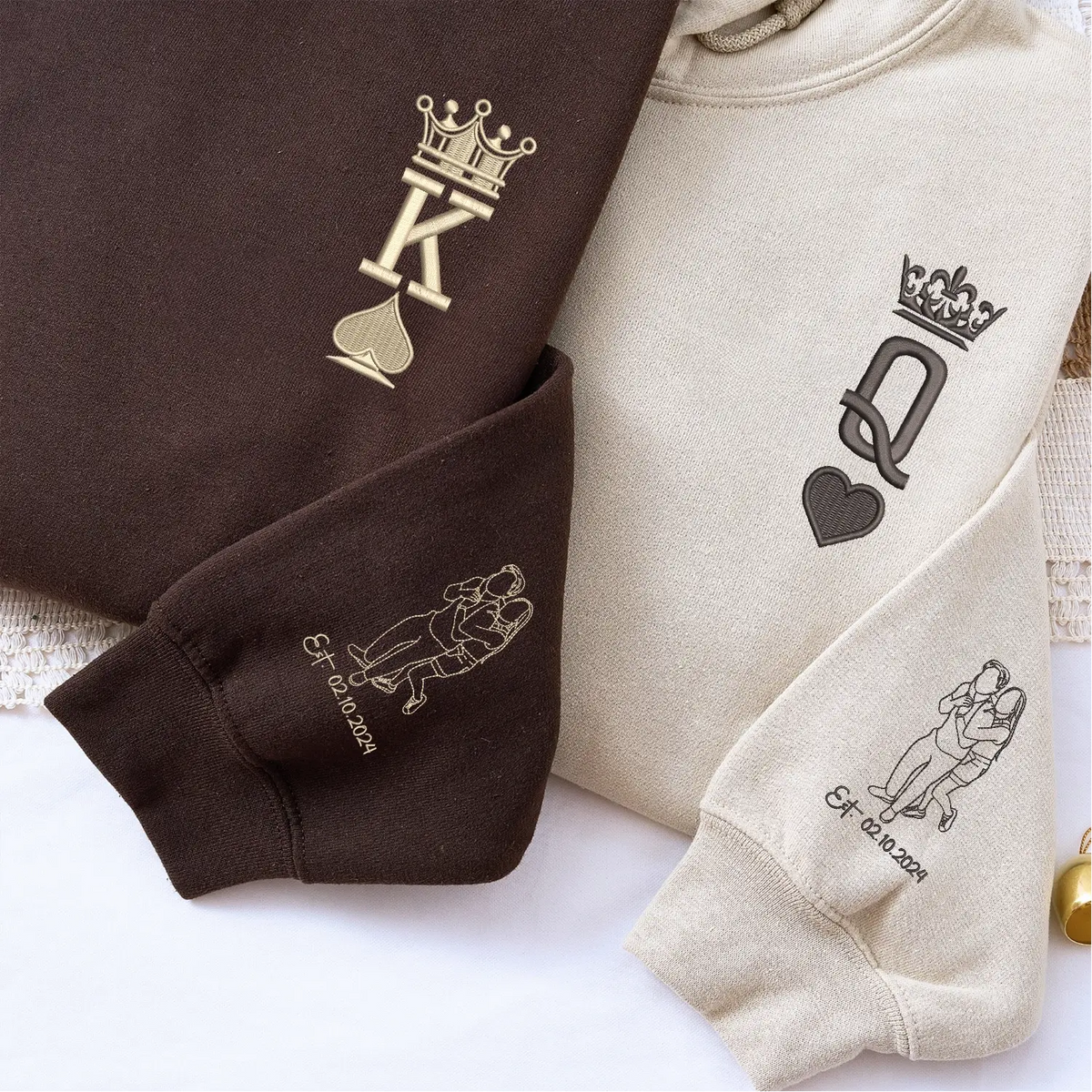 Custom embroidered King and Queen hoodies for couples with personalized portrait engagement gift