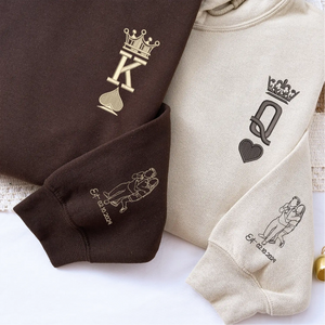 Custom embroidered King and Queen hoodies for couples with personalized portrait engagement gift