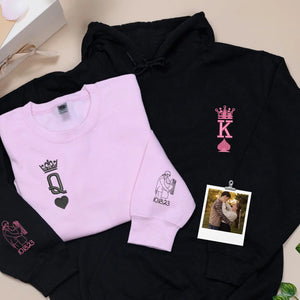 Custom embroidered King and Queen hoodies for couples with personalized portrait engagement gift