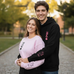 Custom embroidered King and Queen hoodies for couples with personalized portrait engagement gift