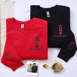 Custom embroidered King and Queen hoodies for couples with personalized portrait engagement gift