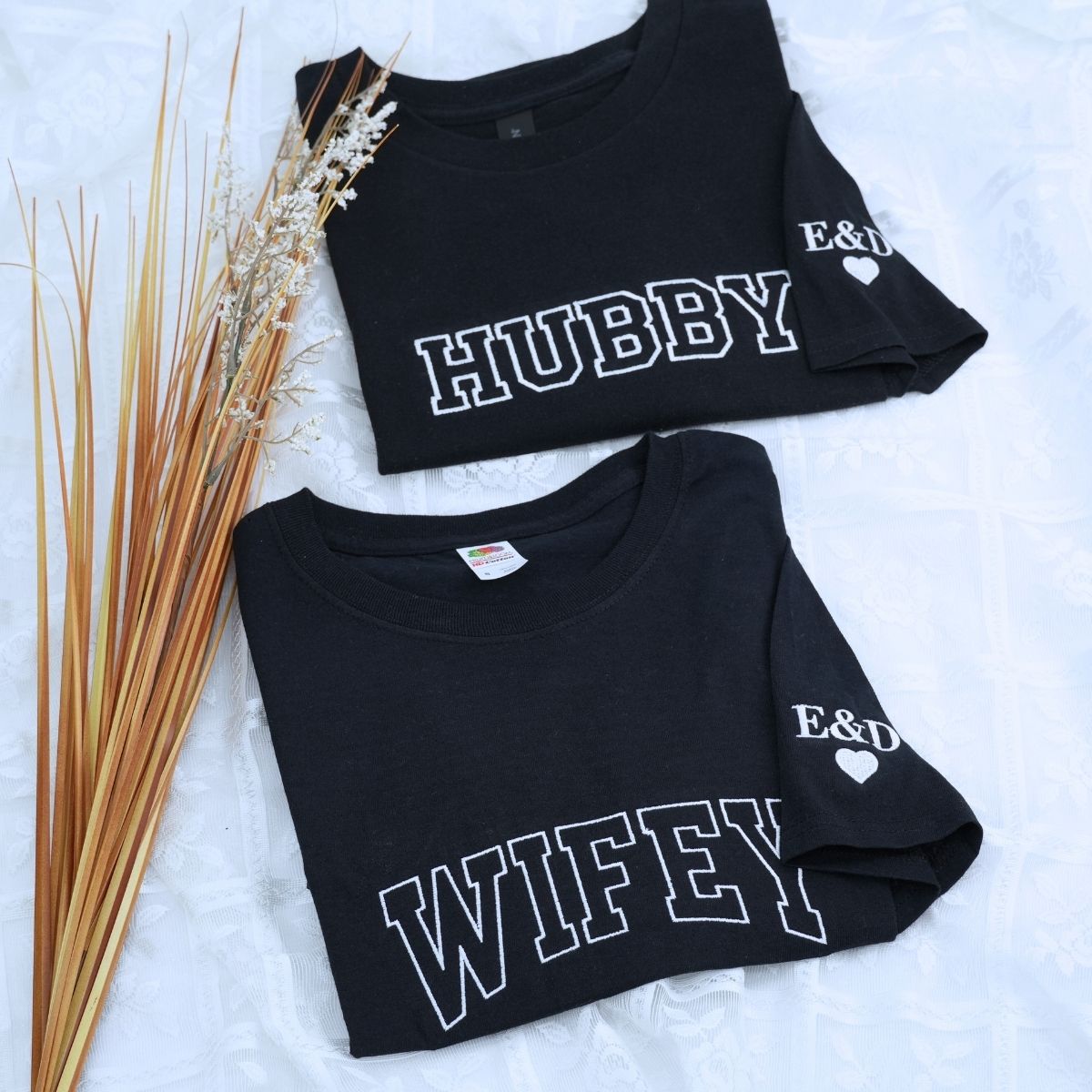 Custom embroidered wifey and hubby shirts with EST year and names