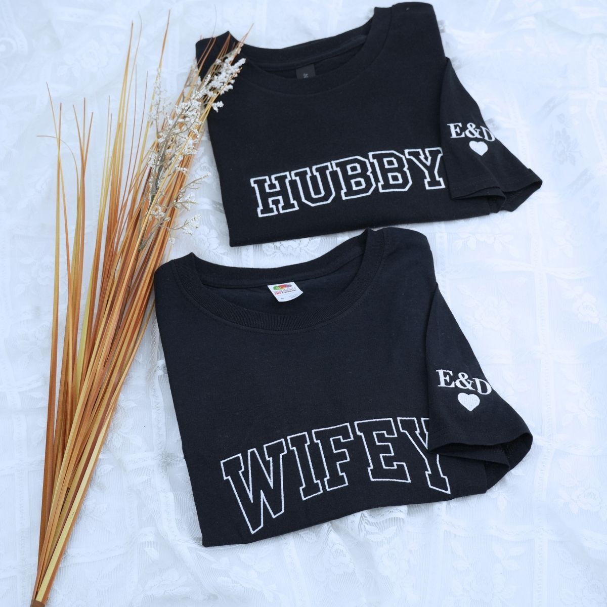 Custom embroidered wifey and hubby shirts with EST year and names