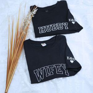 Custom embroidered wifey and hubby shirts with EST year and names