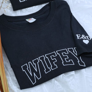 Custom embroidered wifey and hubby shirts with EST year and names
