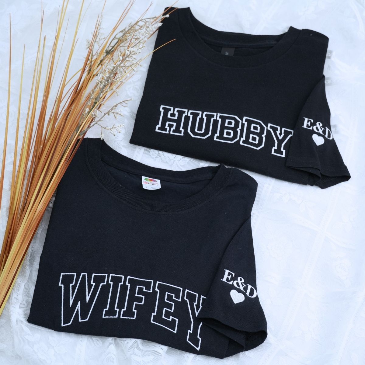 Custom embroidered wifey and hubby shirts with EST year and names