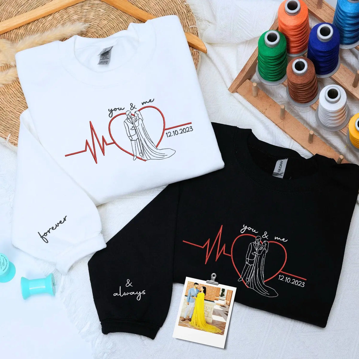 Custom embroidered couple sweatshirt with portrait from photo, personalized Valentine’s Day hoodie for boyfriend or girlfriend