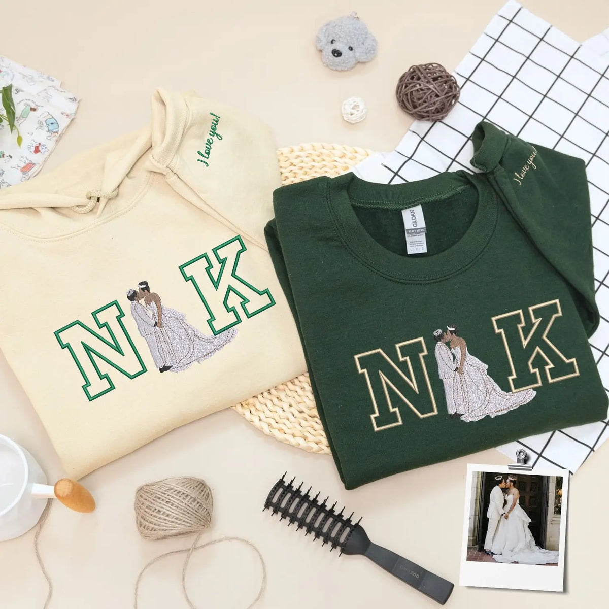 Custom embroidered couple portrait sweatshirt with personalized initials, romantic anniversary gift for couples