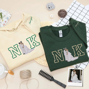 Custom embroidered couple portrait sweatshirt with personalized initials, romantic anniversary gift for couples