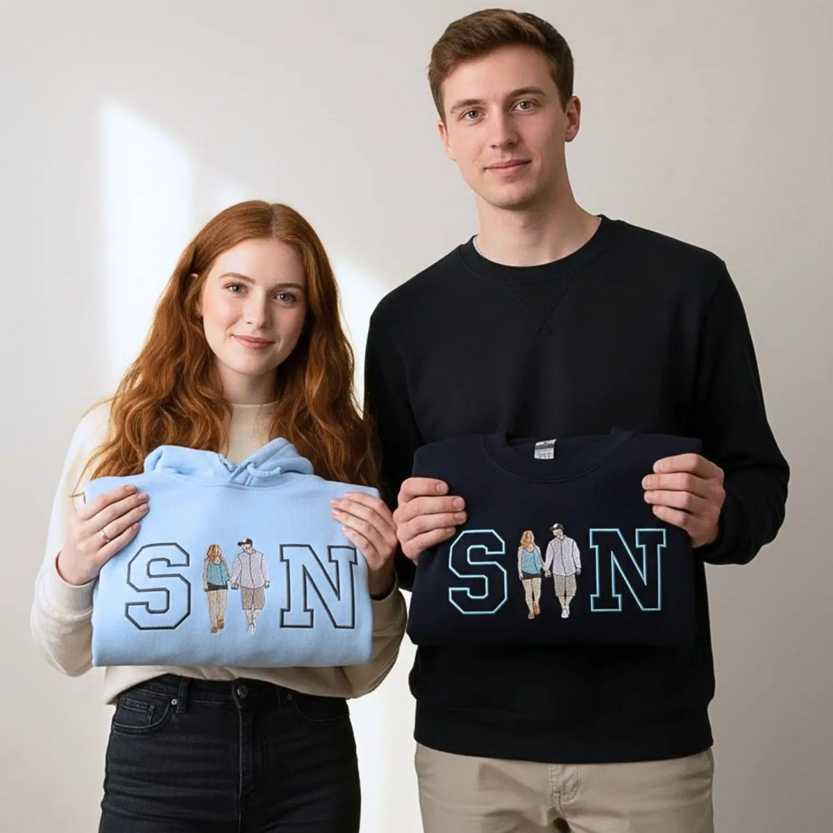 Custom embroidered couple portrait sweatshirt with personalized initials, romantic anniversary gift for couples