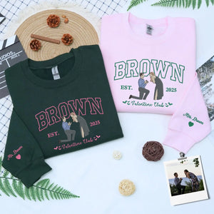 Custom embroidered portrait sweatshirt with couple photo and last name