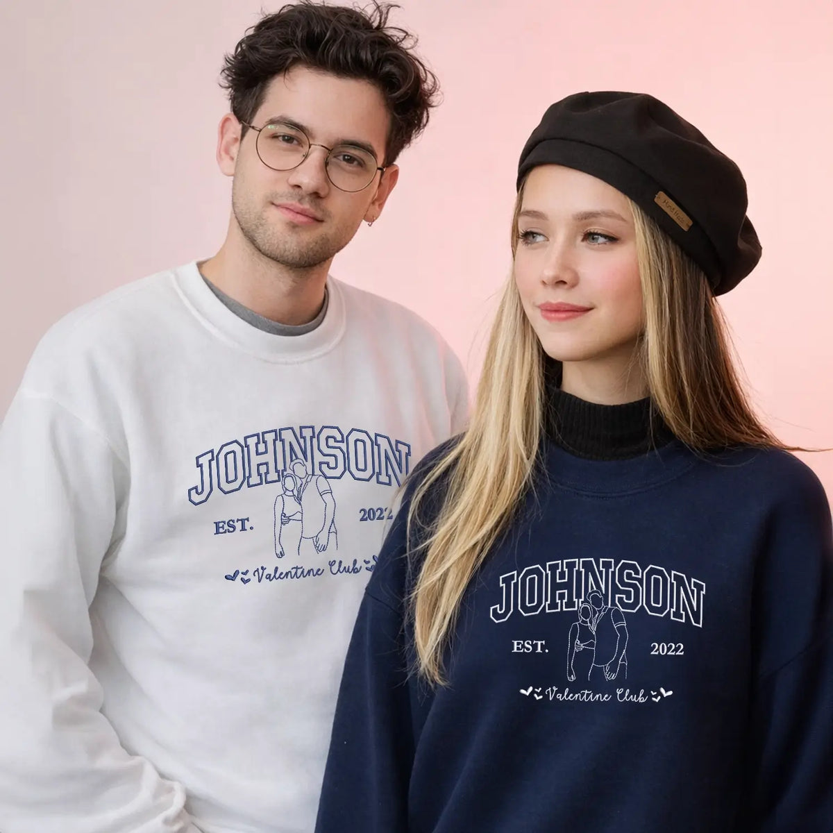 Custom embroidered portrait sweatshirt with couple photo and last name