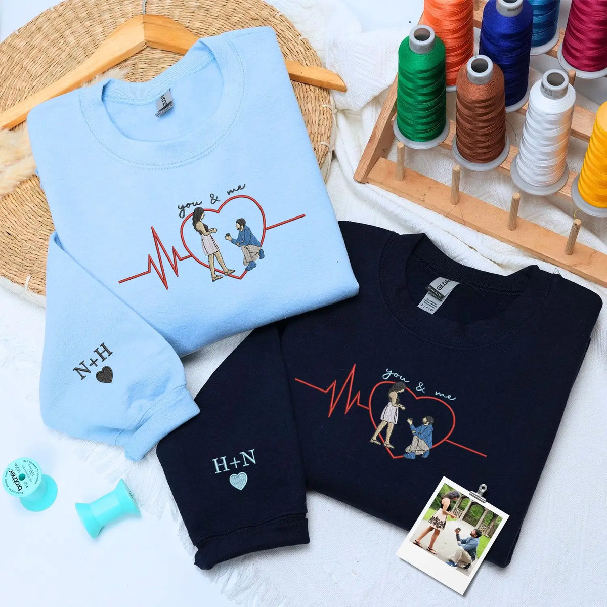 Custom embroidered couple sweatshirt with portrait from photo, personalized Valentine’s Day hoodie for boyfriend or girlfriend