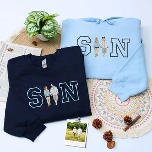 Custom embroidered couple portrait sweatshirt with personalized initials, romantic anniversary gift for couples