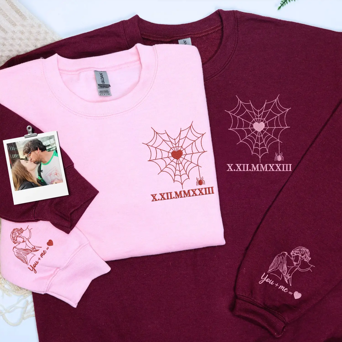 Custom embroidered couple hoodie with spider web design and personalized portrait on sleeve