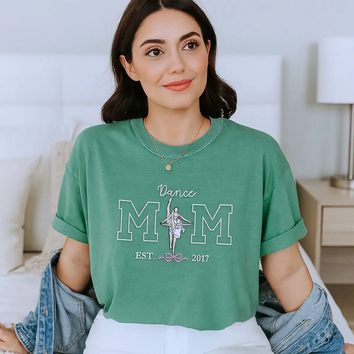 Custom embroidered dance mom shirt with photo portrait and personalized sleeve text.