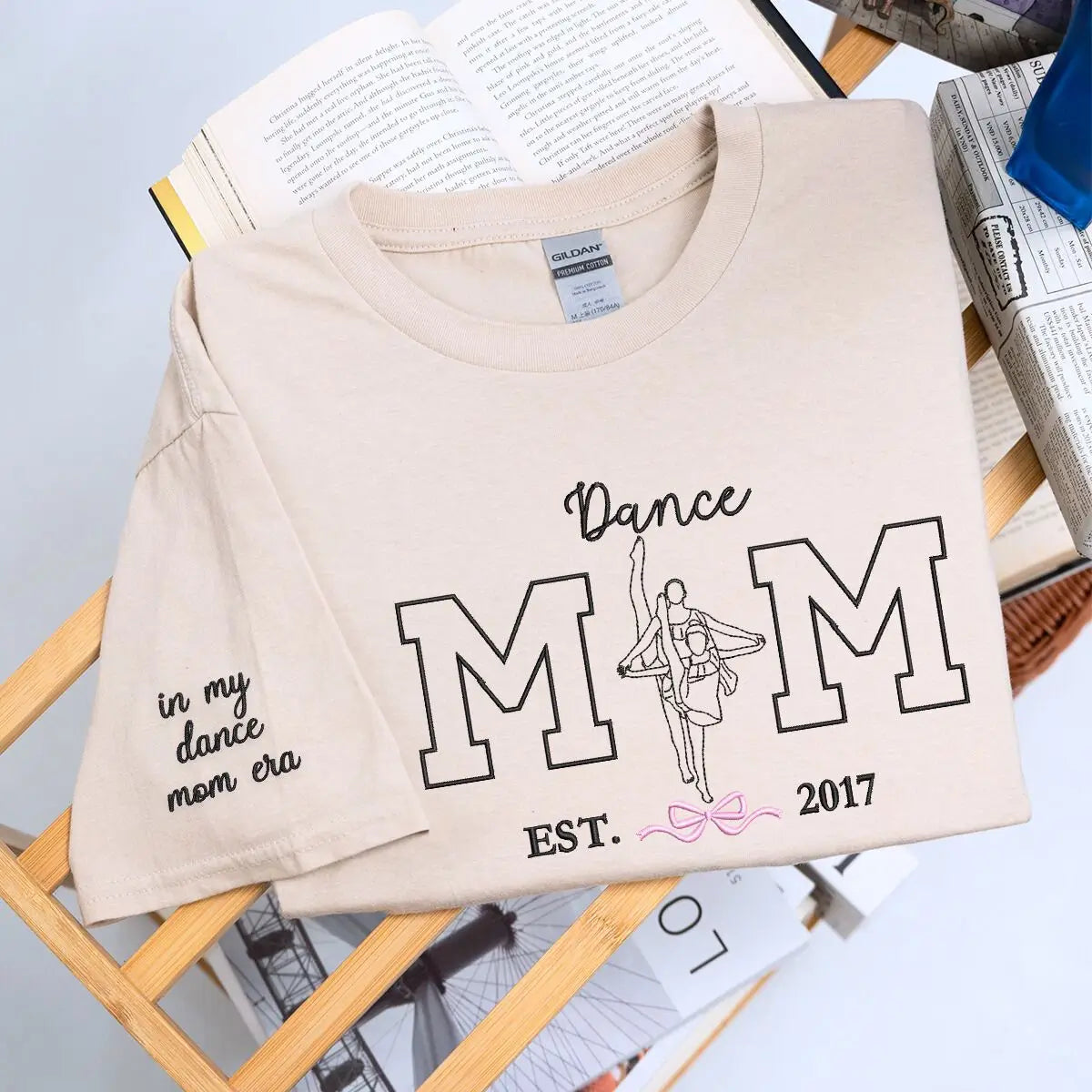 Custom embroidered dance mom shirt with photo portrait and personalized sleeve text.