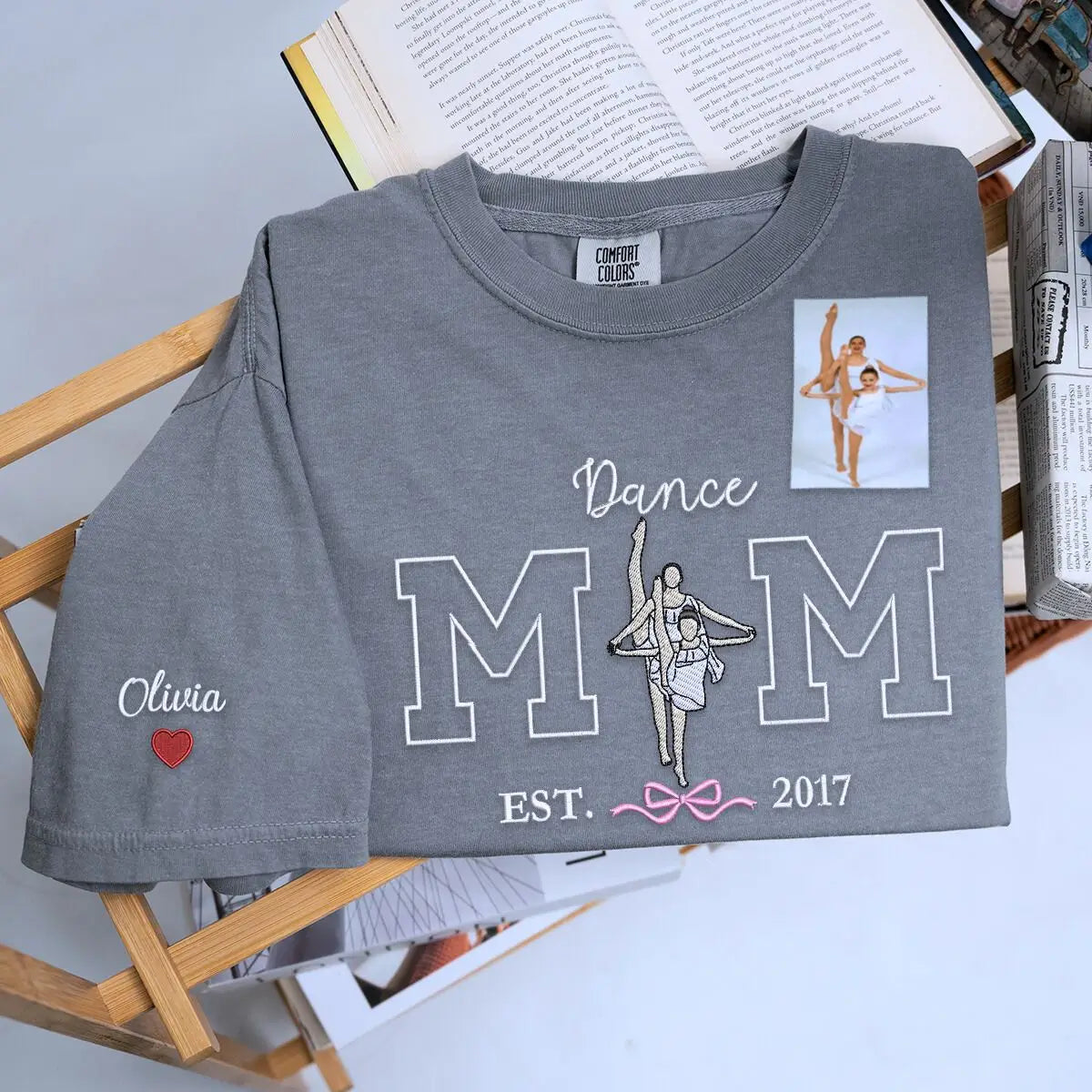 Custom embroidered dance mom shirt with photo portrait and personalized sleeve text.